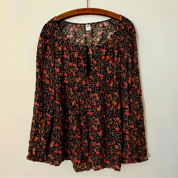 Old Navy Tops - Old Navy-Black Floral Blouse-Tassel Tie Neck-Sz XXL-Peasant-Boho-Cottagecore
